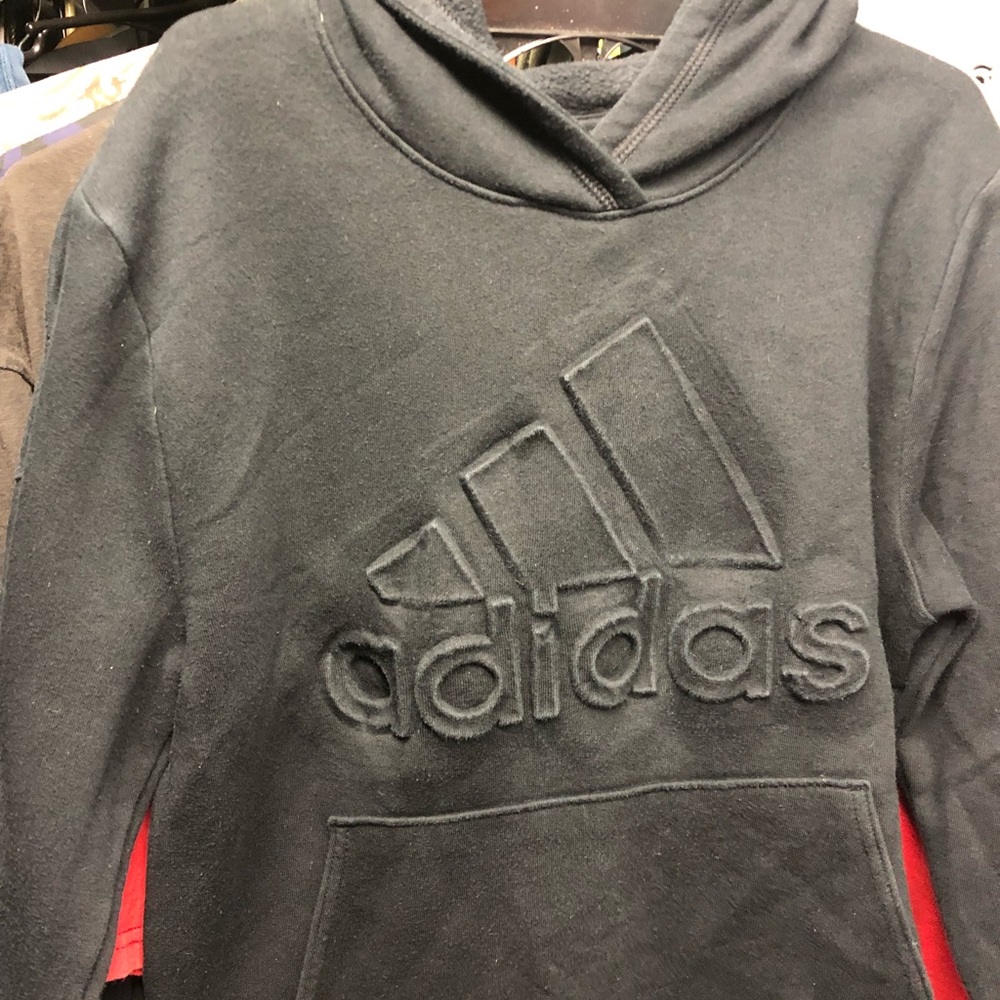 Used boys black puffed up adidas logo hoodie,10/12